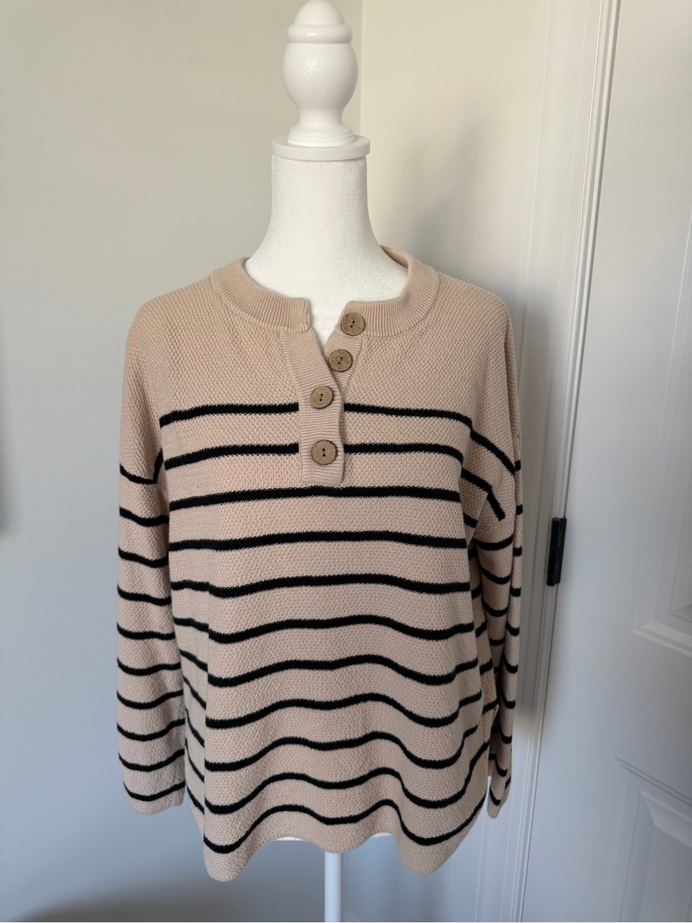 LILLUSORY Button Henley Scoop-Neck Sweater in Beige with Black Stripes